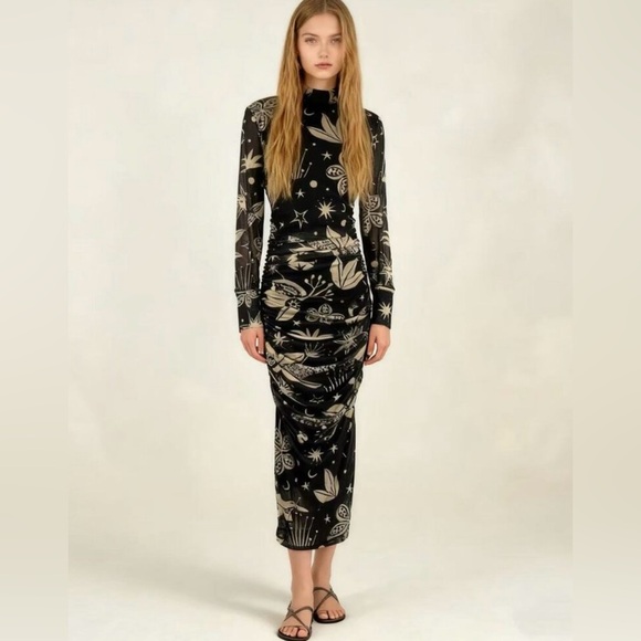 FARM Rio Dresses & Skirts - Farm Rio Black, Cream Patterned Midi Dress Cerrado Sky Tule Flattering, Ruching